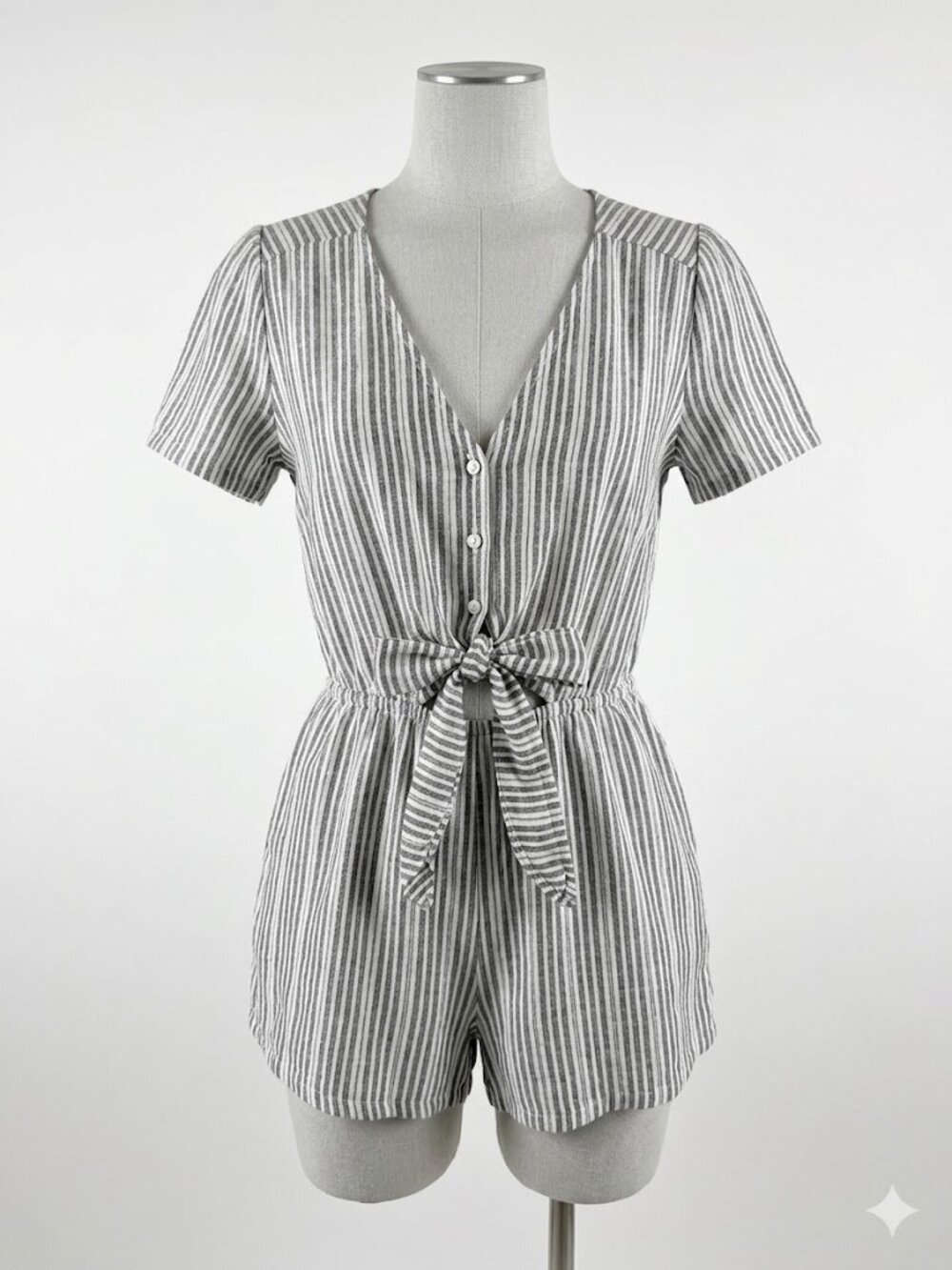 Lost + Wander Striped Romper Women's M Black White Tie Front V-Neck Short Sleeve